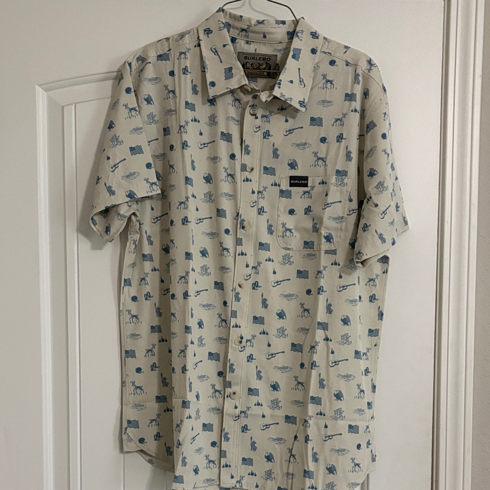 BURLEBO Men's Beige Shirt with Blue Print